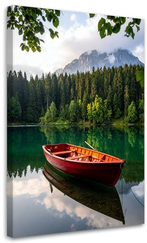Feeby Leinwand Bilder - Bild Wohnzimmer - See Boot Berge Landschaft - 70x100 1tlg - Deko Schlafzimmer Groß - Dekoration Canvas - Gemälde - Modern Wandbilder - Kunstdruck