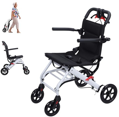 Fauteuils roulants pour adultes, fauteuil roulant de voyage de transit, pliable et léger pour personnes âgées, cadre en aluminium, porte étroite avec ceinture de sécurité (blanc)