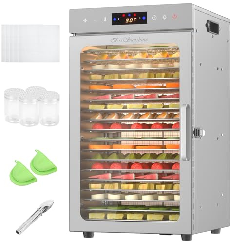 BriSunshine 18 Trays Food Dehydrator, 800W All Stainless Steel | Dual-Fan Dehydrator with Digital 24H Timer & 30-90°C Adjustable Temp, Fast Drying for Jerky Fruit Herbs Pet Treats