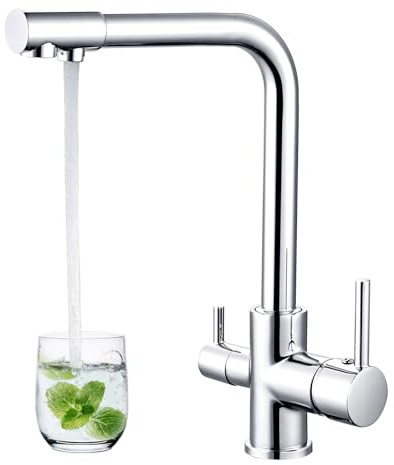 Hapilife 3 Way Kitchen Tap with Water Filter Chrome Brass Dual Lever 3 in 1 Filter Tap for Kitchen Sink Monobloc Drinking Water Mixer Taps Triflow Dual Spout Easy Installation 360° Swivel Faucet