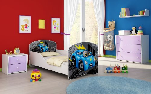 CLAMARO 'Traumland' Motiv Kinderbett 80 x 160 cm inkl. Matratze und Lattenrost, Kantenschutzleisten und Rausfallschutz, Motiv: 04 - Racing Car Blau Motiv