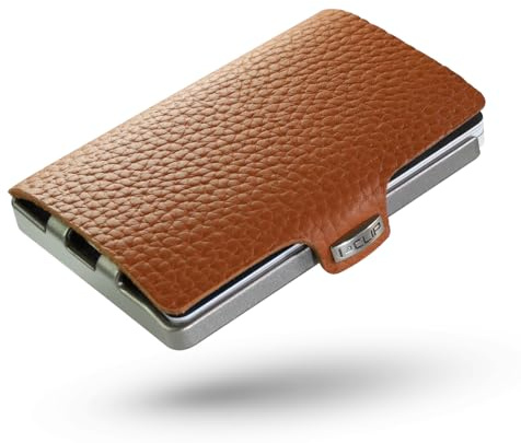 I-CLIP Original Herren Geldbörse – Slim Wallet mit Geldklammer – Mini-Portemonnaie mit Platz für bis zu 12 Karten – Ultraleicht mit nur 22g – Genarbtes Echtleder, Braun – Silberner Rahmen
