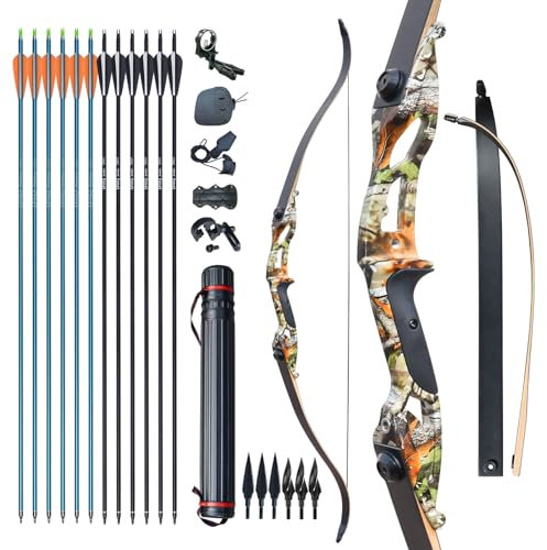 D&Q Recurvebogen Pfeil und Bogen Set 56 Zoll langbogen Rechte Hand Aluminiumlegierung Riser 30-50lbs Jagdbogen für Erwachsene Sportbogen(Tarnung,35lb)