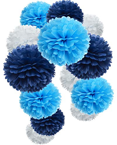 Paper Flower Tissue Pom Poms Party Supplies (Navy Blue,Turqoise Blue,White,12pc)