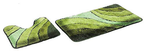S&S-Shop Badematte Set | Grün | Wave | mit Ausschnitt | 2 teilig | rutschfest | WC-Vorleger 50 x 45 cm | Badvorleger 50 x 90 cm | Badteppich | Teppich | Bad | Badezimmer