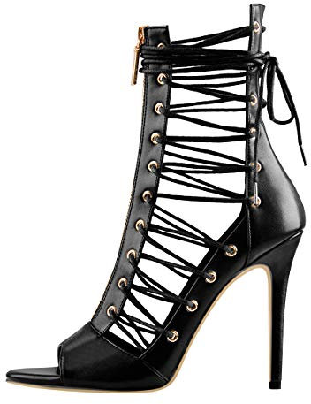 MissHeel Damen Plateau Riemchensandaletten Absatzschuhe Römersandalen Schwarz EU 45