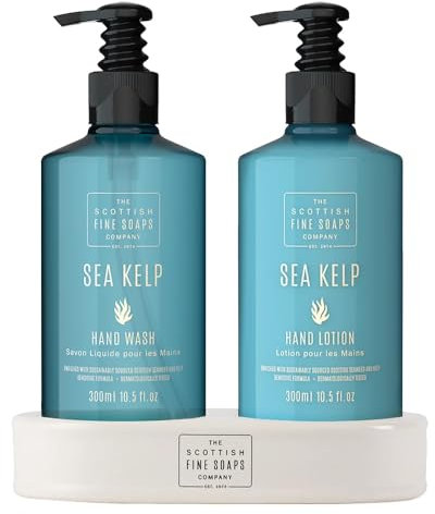 Scottish Fine Soaps - Marine Spa Sea Kelp Hand Care Set - Hand Wash and Moisturiser - Ceramic Caddy - Hydrating and Softly Scented - Sensitive Formula - Vegan Friendly - 2 x 300ml