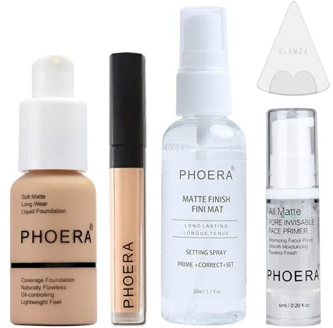 Phoera Foundation Full Coverage Makeup Set - Includes Warm Peach 30ml Matte Foundation, Phoera Concealer (Beige), 6ml Face Primer, 50ml Setting Spray & Silicone Blender Sponge for Easy Application