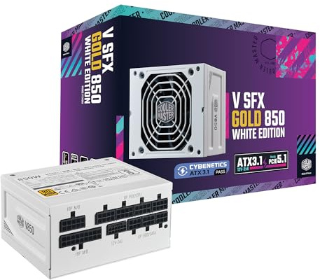 Cooler Master V850 SFX Gold White Edition Full Modular, 850W, 80+ Gold Efficiency, soporte ATX incluido, ventilador FDB silencioso, factor de forma SFX, garantía de 10 años | Certificación Cybenetics Gold & Noise A-, 80 PLUS Gold, 850W, Mini-ITX y SFF, ATX 3.1, cable 12V-2x6, totalmente modular