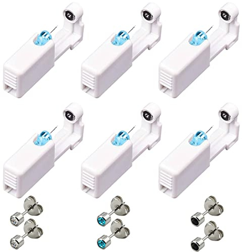 6 Pack Self Ear Piercing Gun, VEGCOO No Pain Disposable Ear Stud Piercing Gun Kit, Safety Asepsis Piercing Tool with 6 Ear Studs for Women Girls Men Boys (6 Pack)