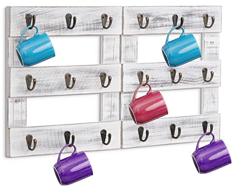 WPAJIRZO Tassenregal Wand Holz mit 18 Haken – Shabby Weiß Kaffeebecherhalter für Küche & Kaffeebar – Stilvolle Heimdekoration für Kaffeeliebhaber