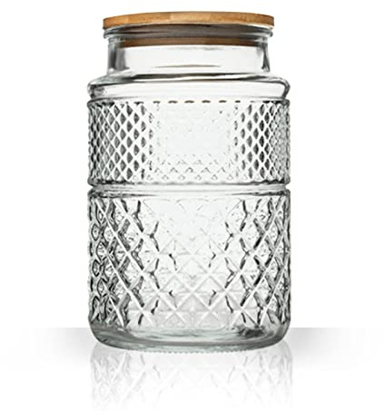 Prettidecor Decorative Glass Storage Jar, Large Capacity Dry Food Container Canister with Airtight Seal Bamboo Lid, Vintage Design for Snack Cookies Coffee Tea Nuts, 60FL OZ (Round)