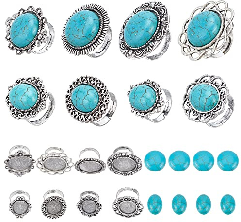 SUNNYCLUE 8 Sets 2 Stile DIY Edelstein Cabochon Ringfassung Verstellbarer Ovaler Flacher Runder Ringrohlinge Und Ovaler Türkis Cabochons Für Frauen Anfänger DIY Ringschmuckherstellung