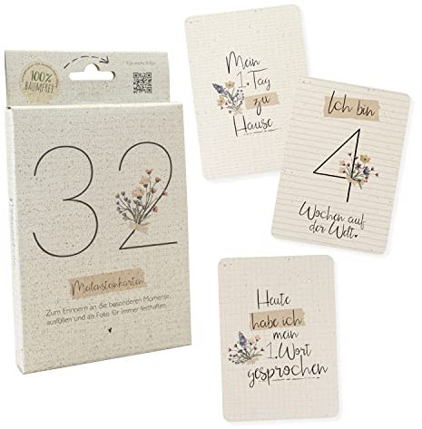 GreenLine Meilensteinkarten Baby 32 Stück Set Neutral für Jungen und Mädchen Momente und Meilensteine für das 1. Lebensjahr Karten aus 100% baumfreien Zuckerrohrpapier Skorpion Milestone Cards