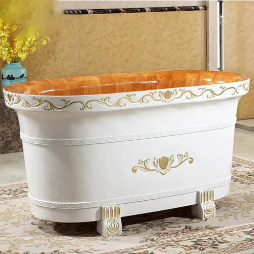 MegLob Freistehende Verdickte Massive Holzbadewanne, Ovale Soakerwanne, Klassische Handgeschnitzte All-Wood Deep Soaker, Weiße Holzbadewanne Mit Innerem Stuhl Und Popup-Abfluss,160cm/62.99