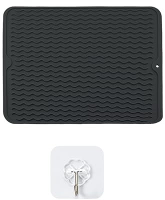 JTMKYO 1 Piece Silicone Draining Mat, Draining Board Mat, Draining Mat, Black Sink Drain Mat with 1 Clear Hook, Heat-Resistant and Anti-Slip Sink Mat for Countertops, Dish Drying and Draining