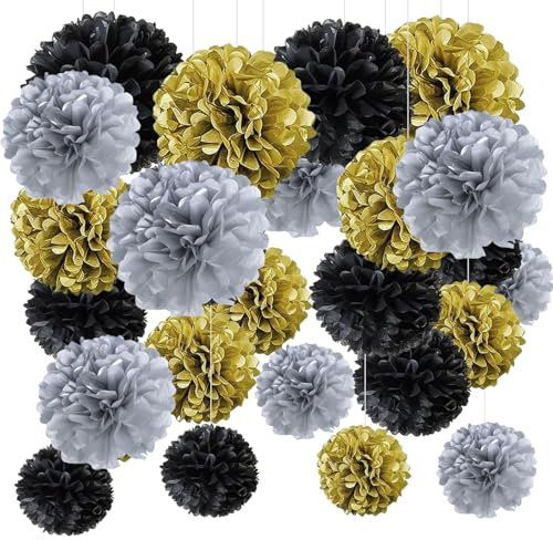 Schwarzes Gold Pompons Deko, 24 Stück Silvester Seidenpapier Pompons, deko schwarz gold Seidenpapier Pom Poms, Blumen Ball Dekorpapier, für Geburtstag, bachelor deko, Gold, Silber, Schwarz