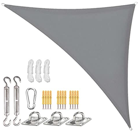 Sunal Sonnensegel Dreieckig 4x4x5.7m mit Befestigung Set,PES Polyester Wasserdicht,inkl Befestigungsseile,Für Sonnenschutz auf Balkonen,Gärten und Terrassen,Grau