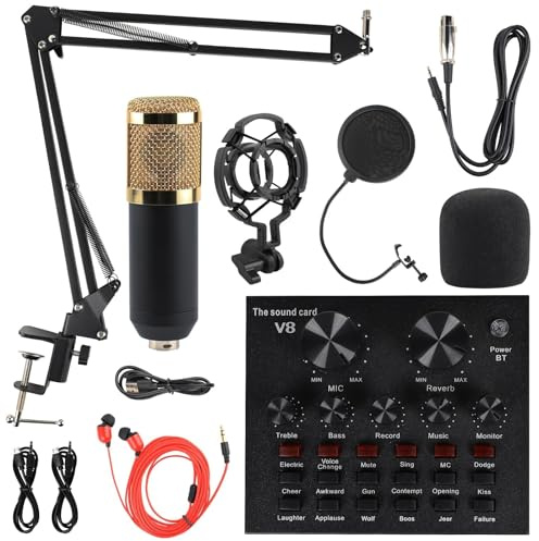 MorTime Set di 11 kit microfono a condensatore, scheda audio live, braccio braccio regolabile, supporto antiurto, filtro pop per microfono in metallo, copertura filtro pop in spugna, auricolari, cavi