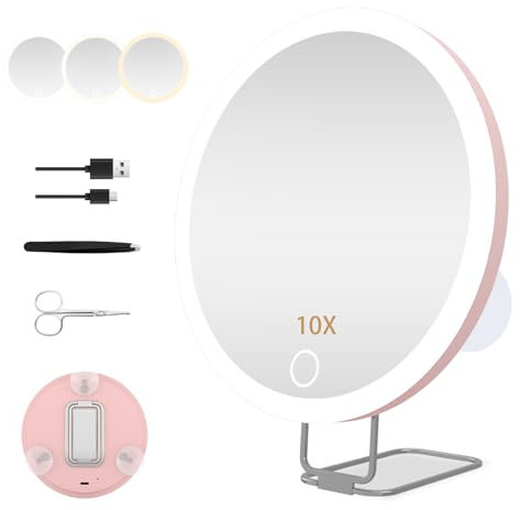 JJhxr 10X Vergrößerungsspiegel mit Licht,15.24 CMgroßer Makeup Vergrößerungsspiegel, 3 Farben Dimmbarer Makeup Spiegel mit 360° Tischständer mit 3 Saugnäpfen