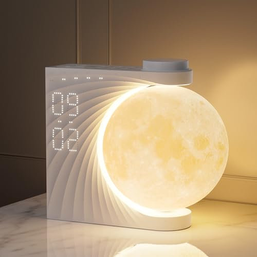 RETEYUNG Lampe de Lune avec Réveil Lumineux, 2 Réveils, Lumière Lunaire RGB 8 Couleurs, 10 Sons Naturels, Veilleuse 3 Niveaux de Luminosité Lampe de Chevet pour Femmes/Filles/Garçons.