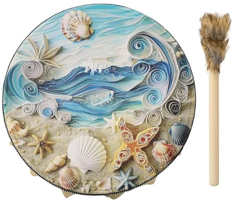 BBTISG Handmade Shamanic Drum with Drum Stick, Sea Wave Shell Shaman Hand Drum Percussion Instrument for Adults, for Music Lovers, Prayer Rituals