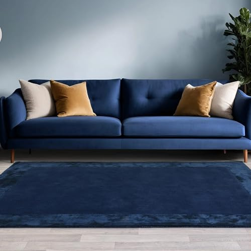 Lord of Rugs Hampton Rug for Living Room Bedroom Soft Wool Plain Hand Woven High Shine Viscose Bordered Rug Navy Blue Extra-Large 200x290 cm (6'7x9'6)