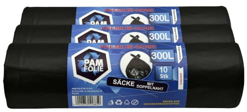 PAM-FOLIE Sacchi della spazzatura 300 l, set da 30 pezzi, XXL, grandi sacchi per rifiuti da costruzione, di alta qualità, 120 x 140 cm, 45 µm, sacchetti neri per rifiuti da costruzione, in polistirolo