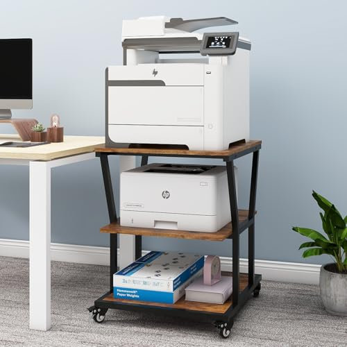 Natwind Großer Druckerständer mit 3 Ebenen, 59,9 x 59,9 x 74,9 cm, robuster Drucker-Tischwagen mit Papierablage und Rollen, ideal für Laserdrucker, Kopierer (Retro)