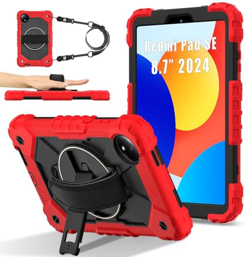Compatibile con Xiaomi Redmi Pad SE 8.7 4G Rilasciato 2024, resistente TPU Cover 360 Rotante Cinghia da Polso e Supporto+Tracolla per Redmi Pad SE 8.7 4G Tablet Case (Rosso Nero)