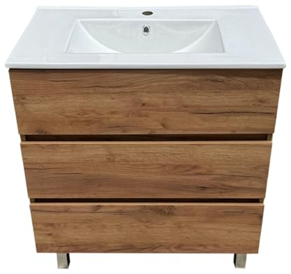 EL BAÑO MODERNO Juego Mueble Baño con Lavabo. Mueble Lavabo 80 cm. Mueble Bajo Lavabo Compacto Preinstalado de Fábrica. Mueble Baño con Lavabo 80 cm con Pie de Porcelana. No Incluye Espejo.