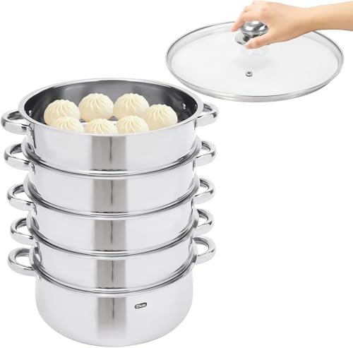 Vaporiera a 5 livelli in acciaio inox, 5 livelli per cucinare, vapore in acciaio inossidabile 304 con coperchio in vetro, con manici in metallo, per pentole domestiche, pentole elettriche in ceramica,