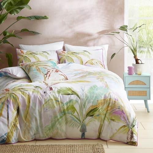 Appletree - Tropical Palm Leaves Duvet Cover - Double Bedding Size (200 x 200cm) - 100% Cotton - Pink Piped Edge - 2 Pillowcases - Green Tropical Bedding with Leaf - Jungle Duvet Cover in Pink