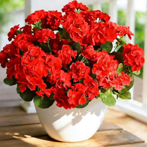 Flores artificiales para exteriores, 4 flores artificiales para exteriores, geranios artificiales rojos, flores de plástico, plantas falsas para exteriores, flores artificiales de seda para macetas al