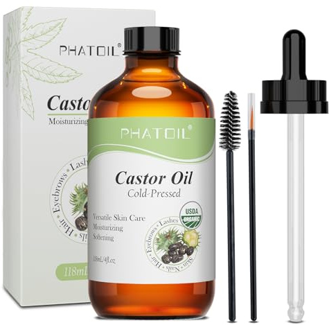 PHATOIL Organic Castor Oil 118ml, Cold Pressed Pure Hexane-Free | USDA Certified for Hair, Eyebrows, Eyelashes and Skin Care, Presented in Amber Glass Bottle with Dropper and Applicators
