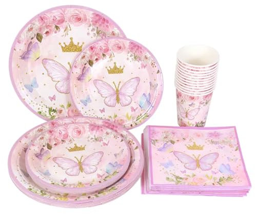 Birthday Party Supplies Tableware Set With Plates, Cups, Napkins, Tablecloth, Happy Birthday Banner Pink Butterfly Theme