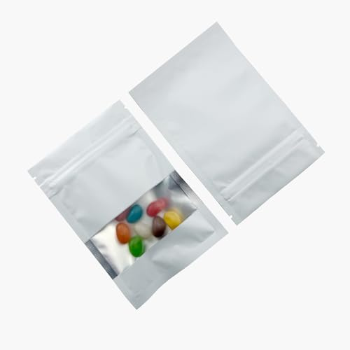WACCOMT Pack 100 stycken matt aluminiumfolie återförslutningsbara fickor med klart fönster värme förseglande Mylar dragkedja låspåsar för förvaring (matt vit, 10 x 15 cm (3,9 x 5,9 tum))