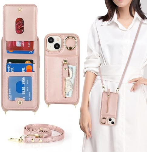 CAVOR Handykette Handyhülle kompatibel mit iPhone 15 Hülle Mit Band,Flip Leder Geldborse Handytasche,[4 Kartenfach][Ring Stander][Schnalle],Handyhülle zum Umhängeband - Rose Gold