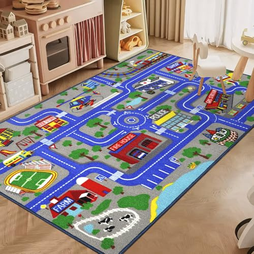 Capslpad Kinderteppich 100x160cm rutschfest Stadtplan Spielteppich Pädagogischer Spielteppich Maschinenwaschbar Kurzer Flor Autoteppich Kinder für Kinderzimmer Schlafzimmer Spielzimme Blau