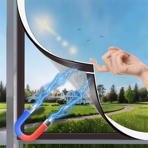 HOFUDON Mosquitera Ventana Magnética 100x100cm,Fibra de Vidrio Reforzada DIY Cortable,Instalación Fácil sin Taladrar,Fácil de Limpiar, Mosquitera Magnética para Ventanas Correderas(Malla Gris)