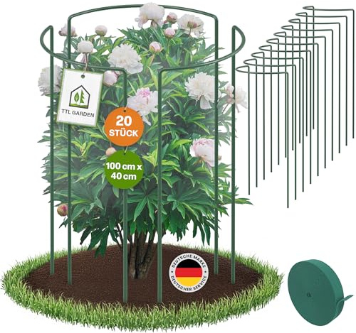 TTL GARDEN Strauchstützen 100cmx40cm 20er Set + Klettband - Pflanzenstütze | Stahl rostfrei Kunststoff beschichtet - Pflanzenhalter Staudenhalter Blumenhalter Hortensie Rose Pfingstrose Ø 5,5mm grün