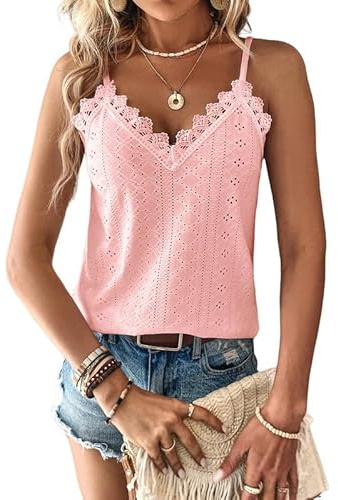 Haibang tanktopp damer cami-topp med spets v-ringad sommartoppar elegant spaghettitopp sexig hållare sommarskjorta lös spets topp ledig ärmlös camisole skjorta, Ljusrosa, L