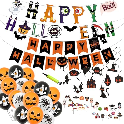 MUNSKT Set di 80 pezzi di decorazioni per feste di Halloween - 2 stili di striscioni, ornamenti a spirale da appendere, oggetti fotografici e 2 confezioni di palloncini - per Halloween, giorno dei