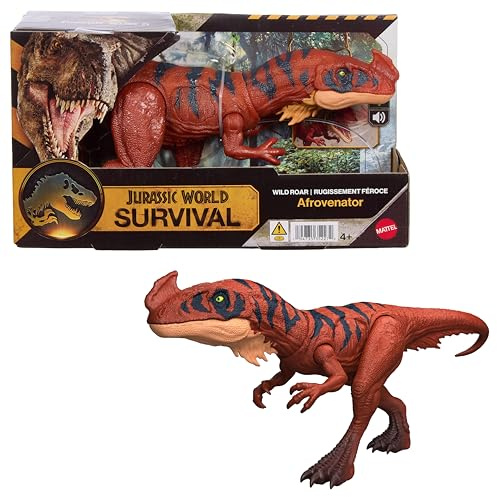 Mattel Jurassic World Wild Roar Afrovenator Dinosaur Action Figure Toy, Attack Action & Lights & Roar Sound, Scan Code for Digital Play