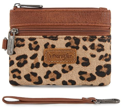 Wrangler Small Wallet for Women Leopard Print Wristlet Wallets Mini Change Pouch Brown
