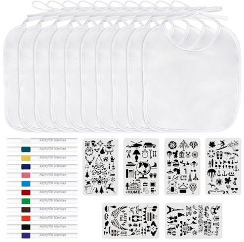 XTUDOU®10 Stück LäTzchen zum Bemalen, WeißE LäTzchen, Mit 16 Zeichenvorlagen, 12 Textilstiften, Weisse Baby LäTzchen zum Bemalen Kann für Kreative Babypartyspiele Verwendet Werden