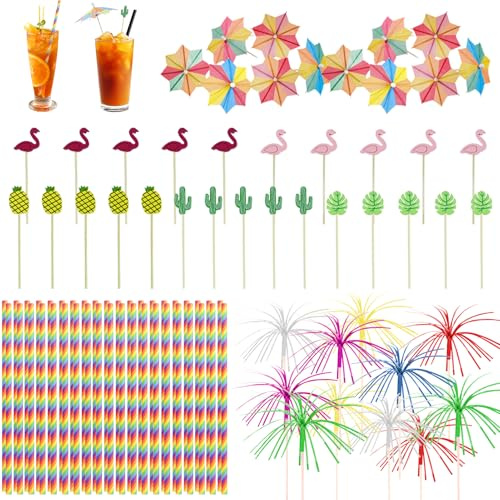 SAMANTHAHALLLTD 140 stycken återanvändbara cocktailtillbehör innehåller träspett, cocktailparaply, sifonsugrör, Firework blandpinnar, mångsidig användbar dekoration, färgglad cocktaildekoration