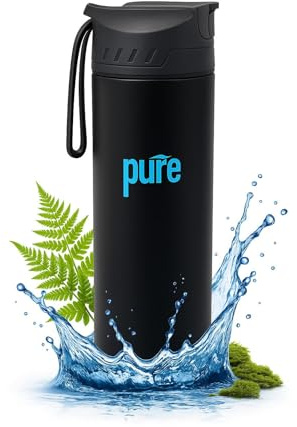 PURE Gourde Filtrante Eau Non Potable [650 ml], 1500L - Filtration 0.2µm - Purificateur d'eau non potable, élimine 99,99% des Bactéries - Randonnée, Voyage, Survie, Urgence - Filtre Interchangeable.