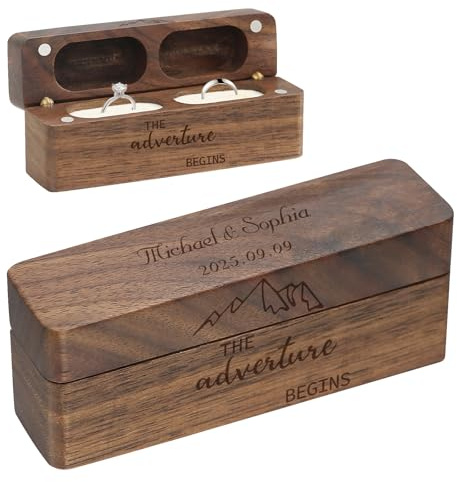 Coffret à bijoux en bois de noyer massif, style rustique et vintage, pour mariage, avec gravures. (Rectangle-2, Personnalisable)