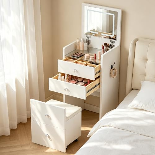 Sminkbord liten, sminkbord med spegel, dressing bord trä, 90° fällbar spegel, vadderad pall med hjul, 2 lådor, 1 krok, klarglasplatta, modern stil, för sovrum (vit)